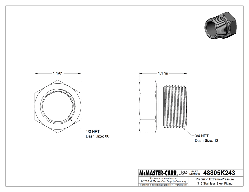 Technical Drawing of Precision Extreme-Pressure 316 Stainless Steel Fitting, Bushing Reducing Adapter, 3/4 Male x 1/2 Female NPT.